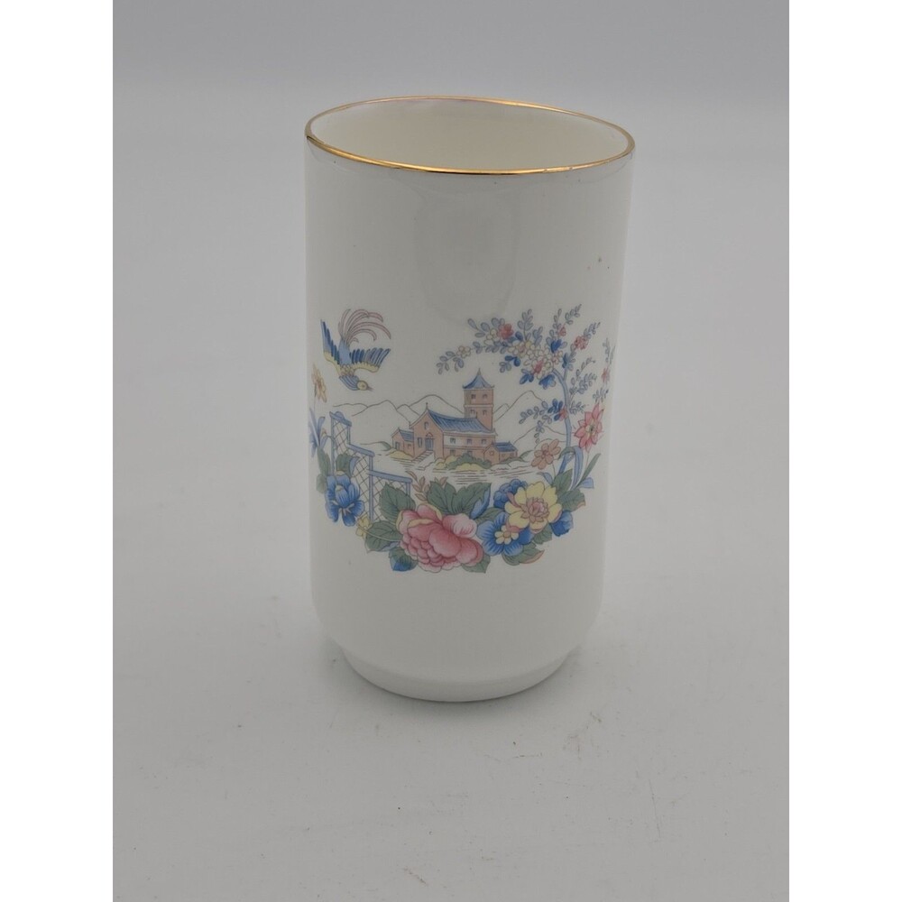 Royal Kent Fine Bone China Tumbler Vase Floral Village Gold Rim Made in England